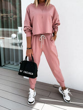 Load image into Gallery viewer, Pink 2 piece crop top sweat suit with drawstring pants
