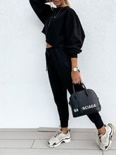 Load image into Gallery viewer, Black 2 piece crop top sweat suit
