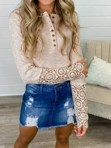 Watch Me Move Ribbed Top with Lace Peekaboo Sleeves