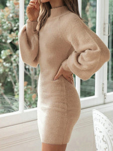 Beige Lantern Sleeve Fleece Dress