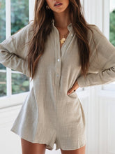 Load image into Gallery viewer, Grey, comfortably airy linen button down collared 1 piece short set romper. long sleeves
