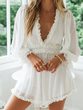 Load image into Gallery viewer, Delicate, angelic, whimsical romper with ruffle trim along the v-neck, midsection, bottom of sleeves, and hem line. Outfit looks like a dress but the inner layer is shorts. Hem stops mid thigh and is semi sheer. Round peekaboo open back. Guaranteed to wow a significant other.
