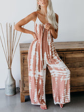 Load image into Gallery viewer, Comfortable baggy delicate wide leg cami loungewear jumpsuit in dark pink, salmon and white tie dye. 
