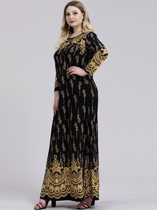 Black and Gold Floral Print Maxi Dress - Length Long - Curvy