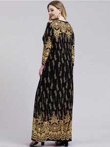 Black and Gold Floral Print Maxi Dress - Length Long - Curvy