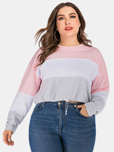 Load image into Gallery viewer, Colorblock sweatshirt pink on the shoulders, white in the middle, grey at the bottom. Drawstring to cinch the bottom of the crop top sweatshirt. For curvy women xl to 4x
