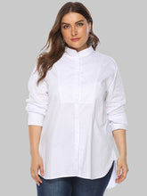 Load image into Gallery viewer, Classy white button down long sleeve shirt with mock neck and lapel accents. Subtle high low cut an estimated 1-2 inch difference between the front and back
