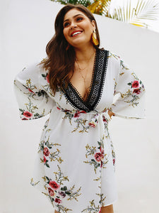 Pretty as a Picture Laced Deep V Floral Dress - Curvy